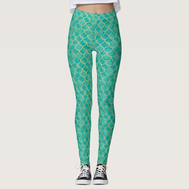 Leggings Flocon de neige turquoise et or avec écailles de p (Devant)