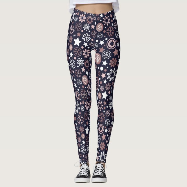 Leggings Flocons de neige roses élégants d'or de vacances (Devant)