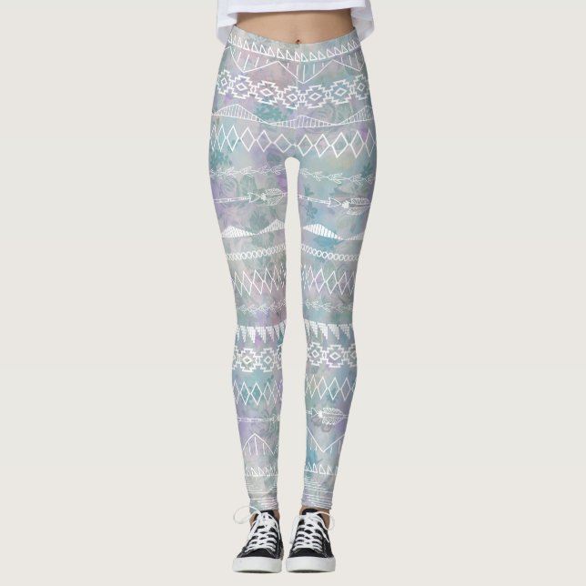 Leggings Floral Abstrait Aztec Tribal violet Motif bleu (Devant)