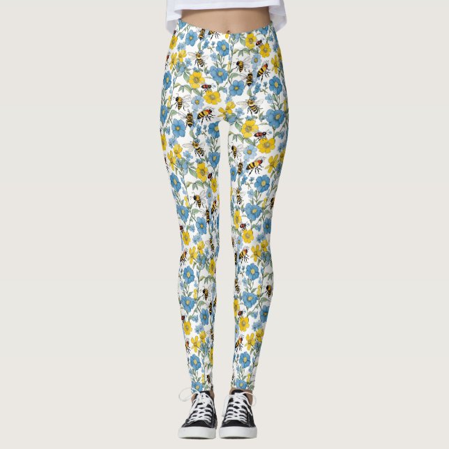 Leggings Floral bleu et jaune avec abeilles Blanc (Devant)