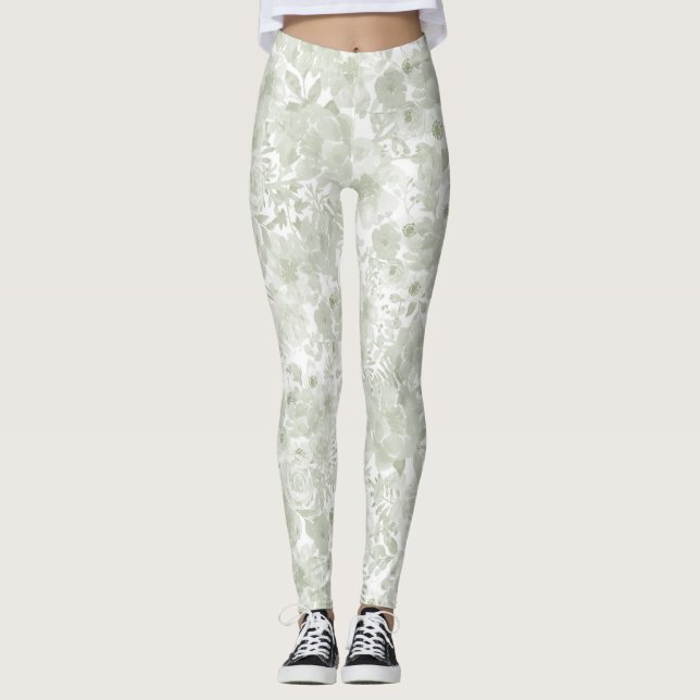 Leggings Floral botanique d'aquarelle verte en pastel (Devant)