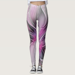 Leggings Floral Fractal moderne Fleur Abstraite rose gris