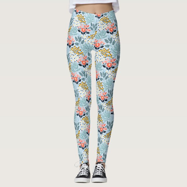 Leggings Floral moderne sur bleu (Devant)