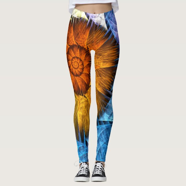 Leggings Floral Orange Bleu Jaune Art Abstrait (Devant)