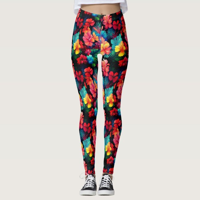 Leggings Floral Orange Tropical Flowers Feuille-66771 (Devant)