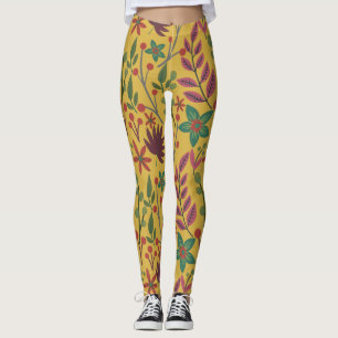Leggings Floral sans couture motif fleurs jaunes et feuille