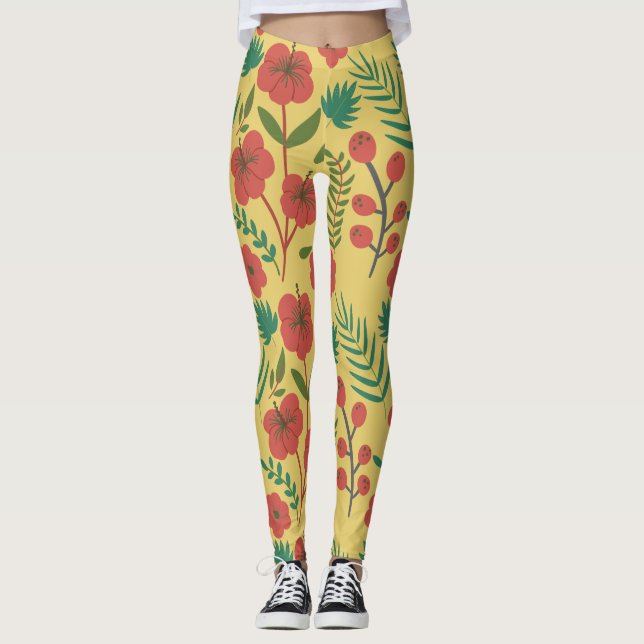 Leggings Floral sans couture motif rouge jaune vert fleurs (Devant)