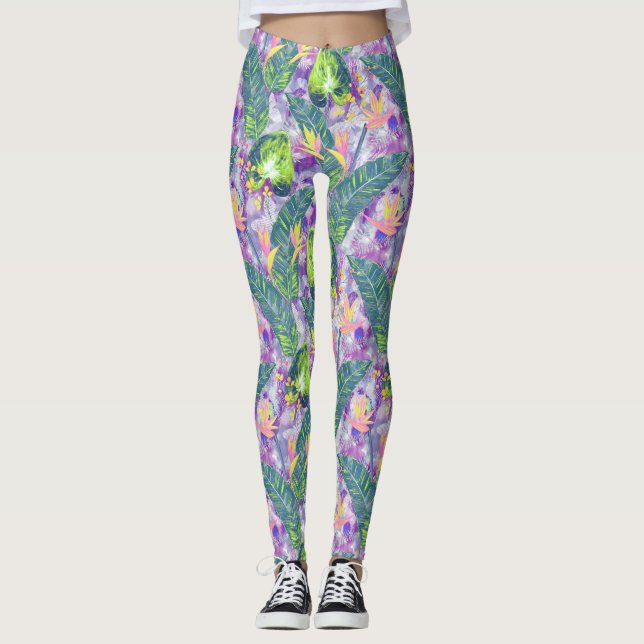Leggings Floral tropical, Botanique, lilas, vert, rose, fl (Devant)