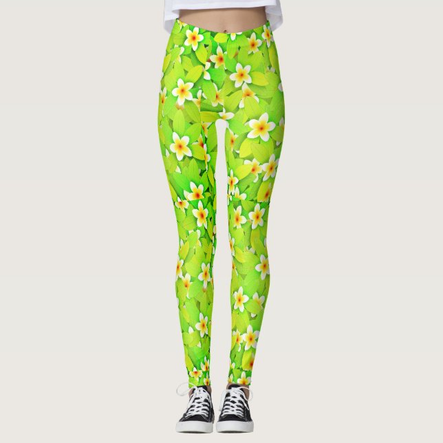Leggings Floral Vert Feuille Fleurs Jaunes Motif-61717 (Devant)