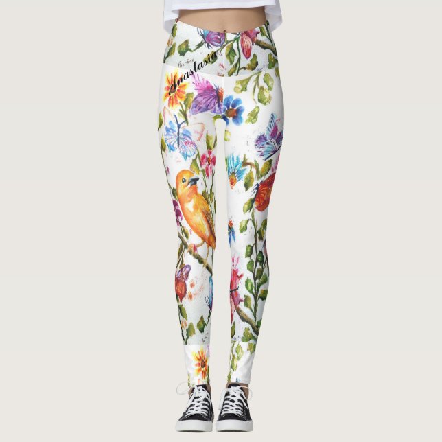 LEGGINGS FLORAUX BLANCS AVEC OISEAU JAUNE (Devant)