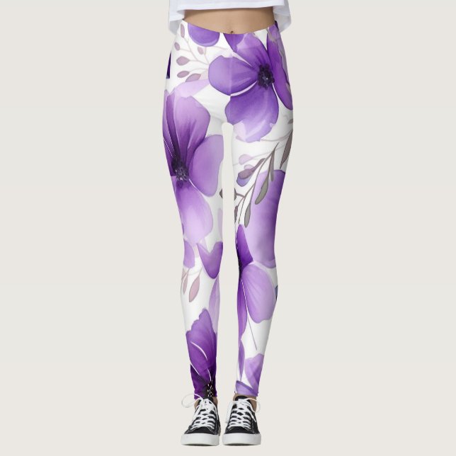 Leggings floraux blancs et violets modernes (Devant)