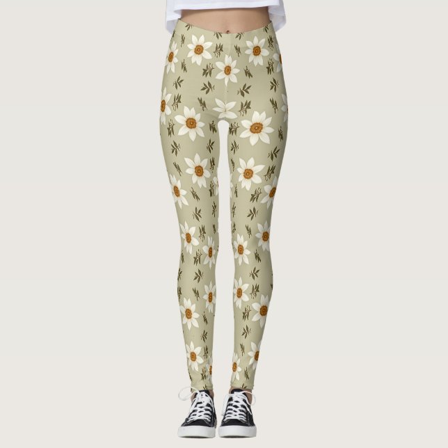 Leggings Flore décorative en blanc et beige (Devant)