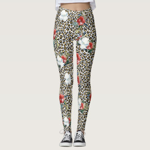 Leggings Flore rouge blanc Empreinte de léopard d'or