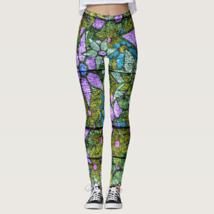 Leggings Flore verte à la menthe violette #2