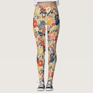 Leggings Flore vive rouge, jaune et bleu sur blanc