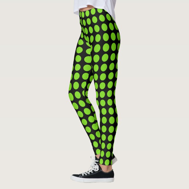 Leggings Flourescent À petits pois verts sur NOIR ou votre  (Gauche)