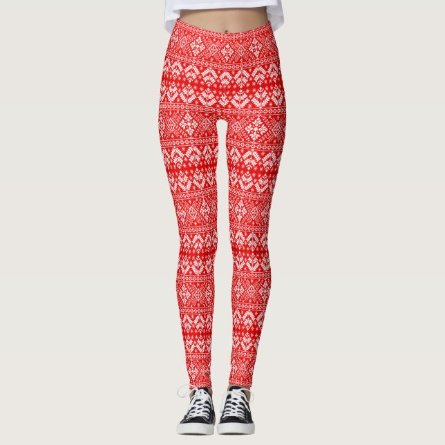 Leggings Foire de Noël rouge et blanc Motif Isle (Devant)
