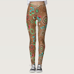 Leggings Folk ethnique abstrait motif floral brun rétro