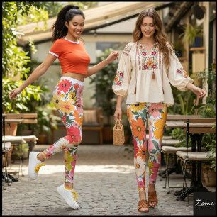Leggings Fond floral rétro des années 70 avec des marguerit