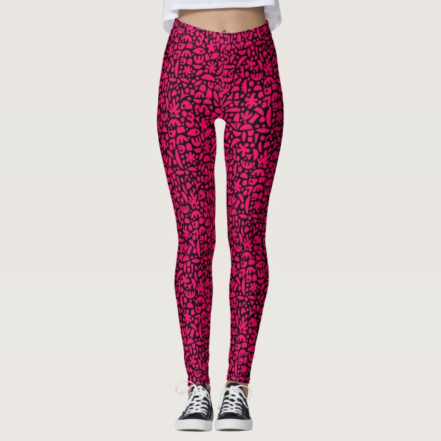 Leggings Formes Abstrait 140821 - Rouge néon sur noir (Devant)
