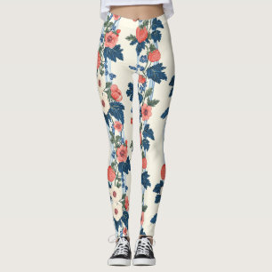 Leggings Fraises vintages et Feuilles bleus motif floral