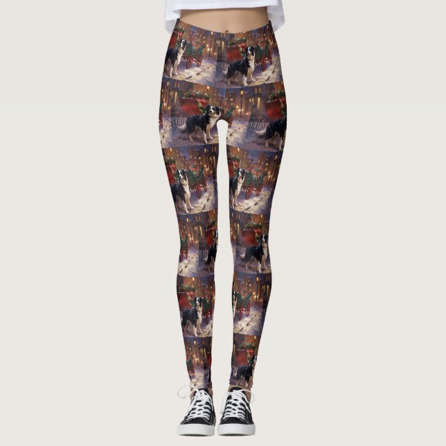 Leggings Frontière Collie Festive de Noël (Devant)