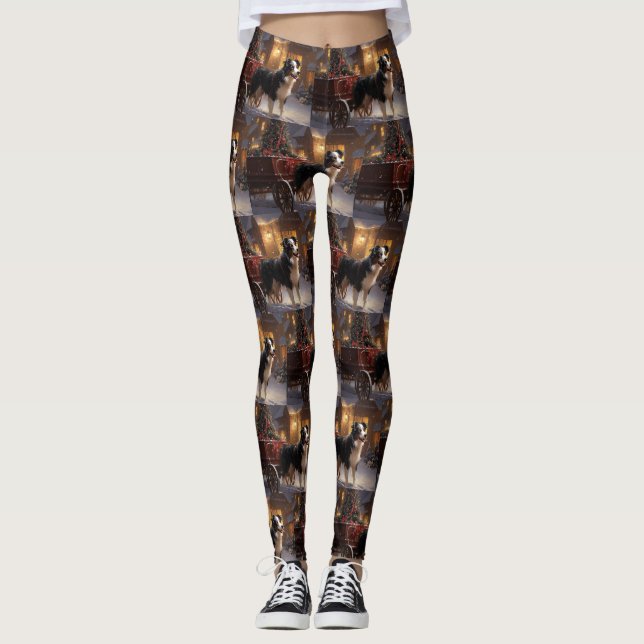 Leggings Frontière Collie Festive de Noël (Devant)