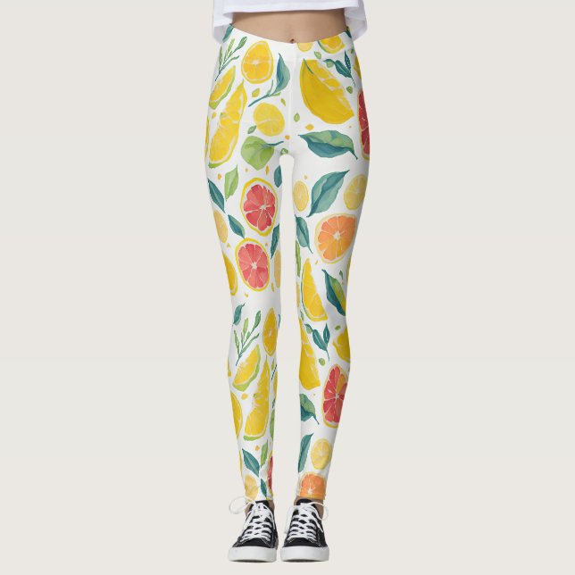 Leggings Fun Jaune Orange Citrus Fruit Aquarelle (Devant)