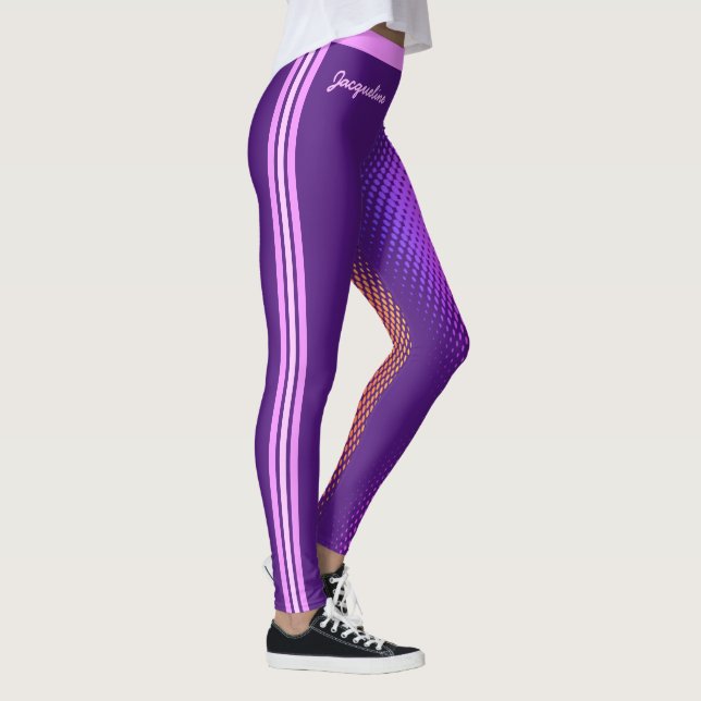 Leggings Fun Pink Stripes avec votre nom sur Deep Purple (Droite)
