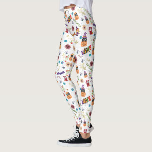 Leggings Fun Purple Hat Catoween, Cute Orange Pumpkin