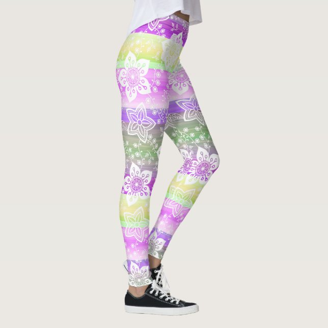 Leggings Funky Floral Purple Lime Green Stripes Motif (Droite)