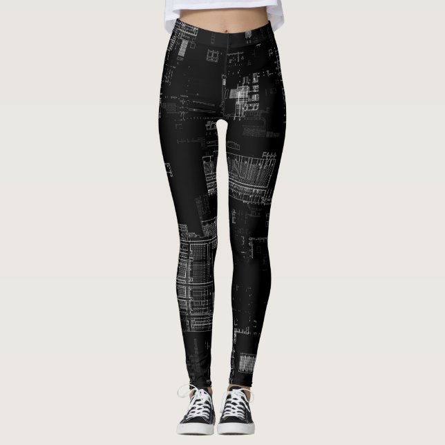 Leggings Funky Retro Black White Computer Circuit Board (Devant)