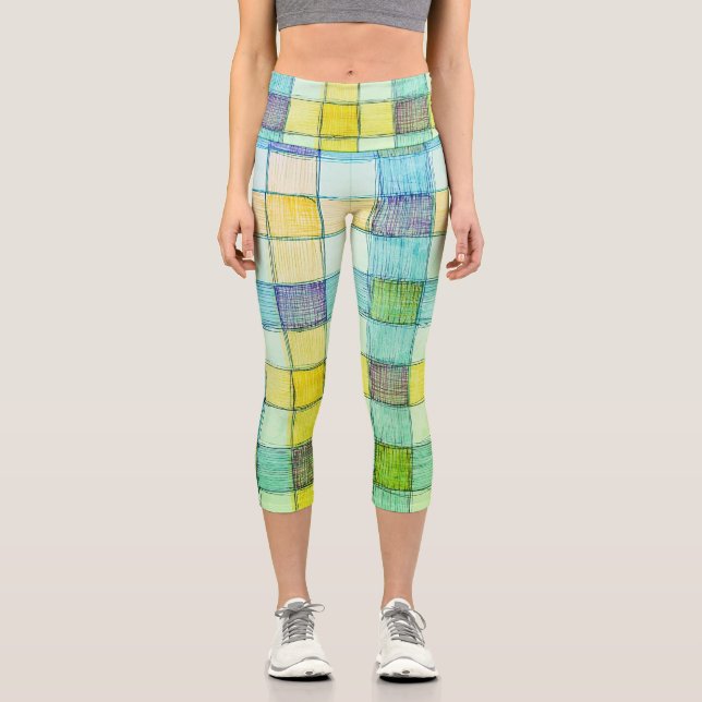 Leggings: Gelb, blau, grün Gingham Capri Leggings (Vorderseite)