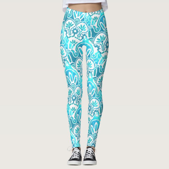 Leggings géométriques turquoise et turquoises (Devant)