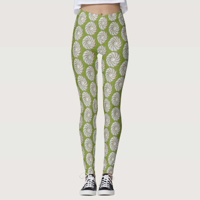 Leggings - Gestrickte Spirale in Grün auf Weiß (Vorderseite)