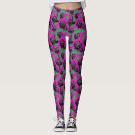 Leggings Glossy Black Roses On A Hot Pink Background