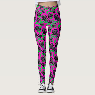 Leggings Glossy Black Roses On A Hot Pink Background