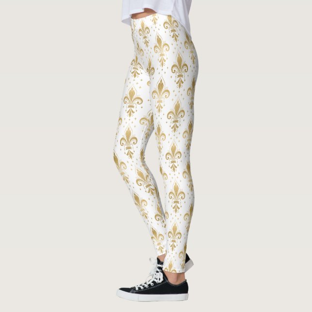 Leggings Gold fleur-de-lis seamless pattern on white (Gauche)