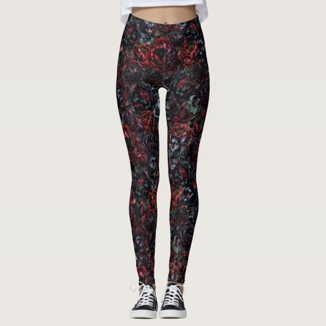 Leggings Gothic Black Cat & Dark Flowers Pattern (Devant)