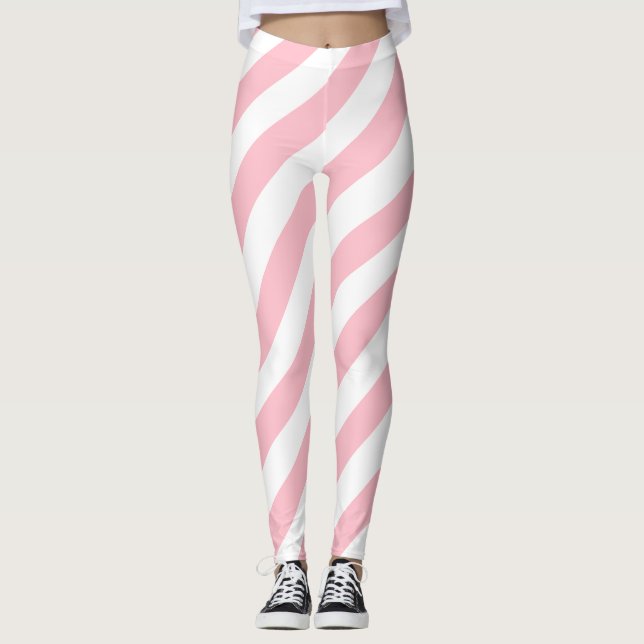Leggings Grandes bandes diagonales roses et blanches (Devant)