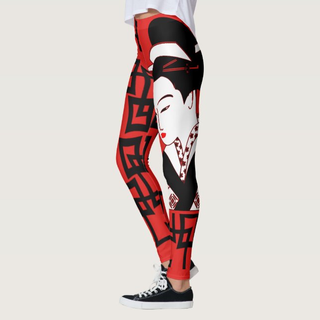 Leggings graphique rouge blanc de geisha de noir japonais (Gauche)