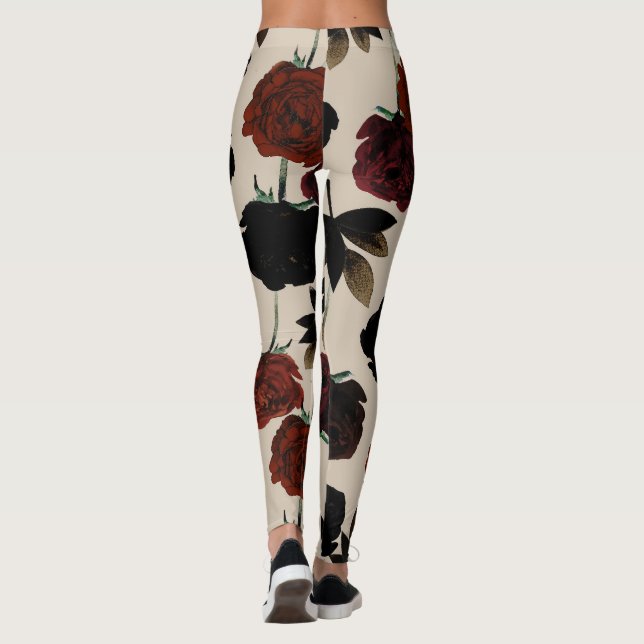 Leggings Gras floral foncé rouge et noir beige Botanique (Dos)