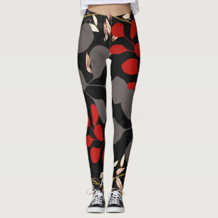 Leggings Gras Noir Rouge Gris Botanique Floral Feuilles
