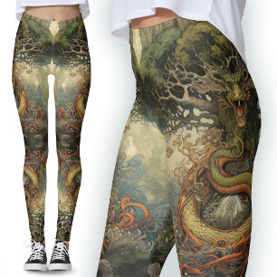 Leggings Green Orange Nature Chinese Tree Dragon Tattoo