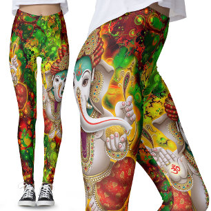 Leggings Green Red Ganesh Hippie Boho Psychedelic Festival