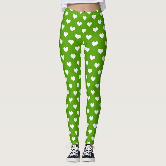 Leggings Green White Love Heart Motif Design (Devant)