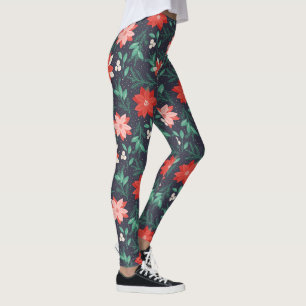 Leggings Gros Poinsettias de Noël Rouge et Blanc