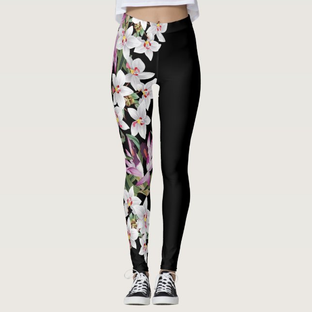 Leggings Guêtres blanches d'impression de fleurs d'orchidée (Devant)