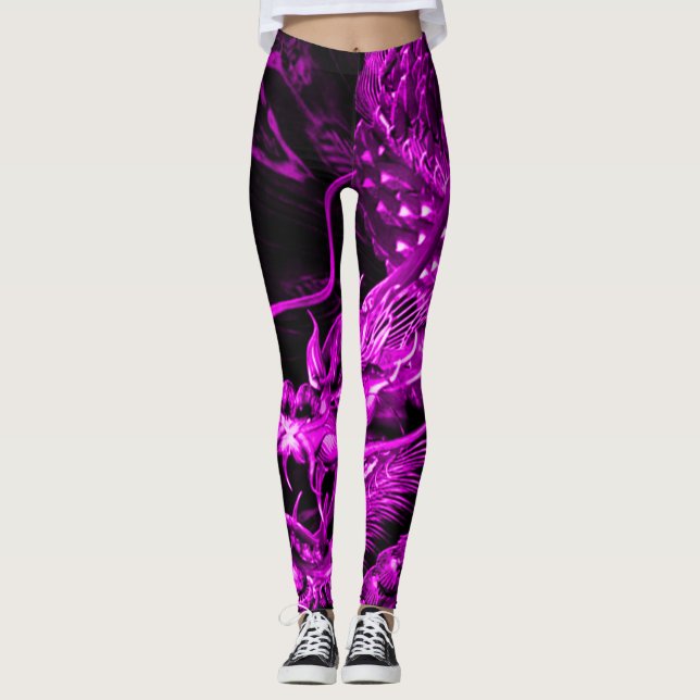 Leggings Guêtres chinoises pourpres d'art de dragon (Devant)