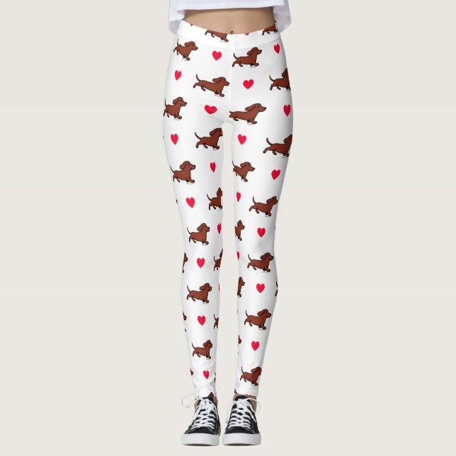 Leggings Guêtres courantes de coeurs de teckel lisse rouge (Devant)
